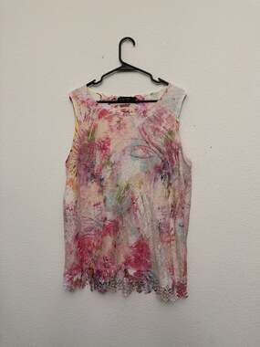 Romantic Boho Casual Express XL LaceFloral Sleeveless Top Pink Watercolor Blouse